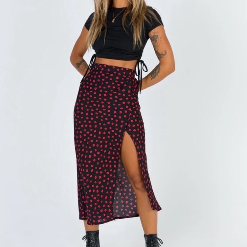Princess Polly Red and Black Midi Slit Skirt